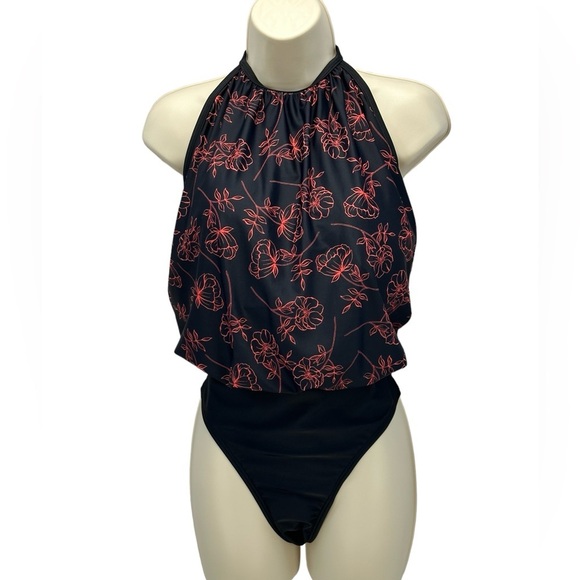 Calvin Klein Halter Floral Print One Piece Blouson Swimsuit - Black Red -size 14 - Picture 1 of 10